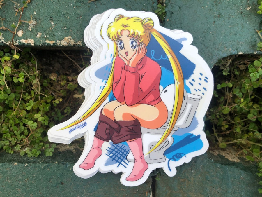 Waterproof vinyl sticker featuring an original humorous cute illustration