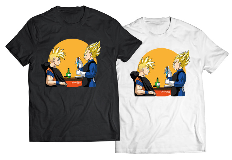 Fresh Saiyan Fade – Goku Gets a Haircut from Vegeta Shirt (Unisex Graphic Tee, Anime x Barbershop Culture Mashup)