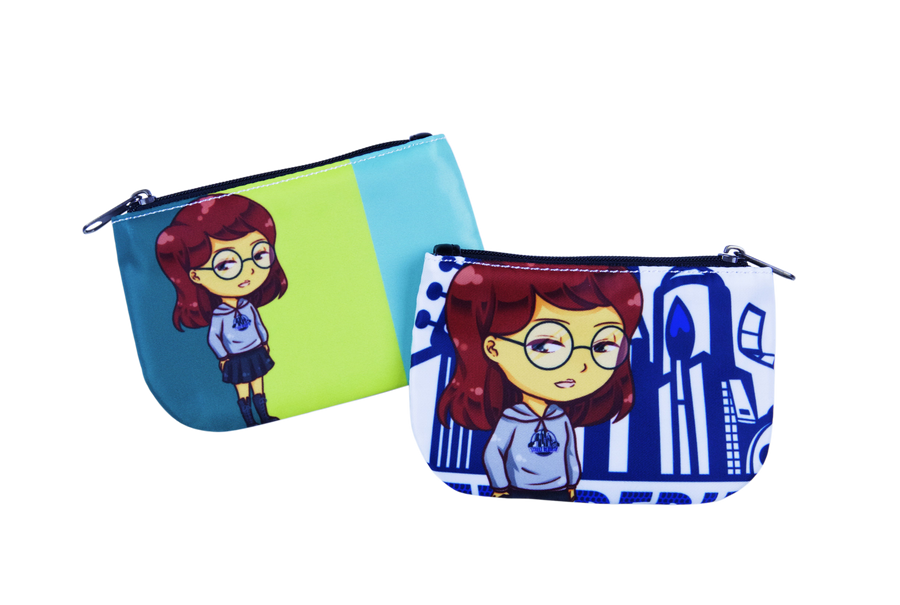 Compact coin purse with an original humorous retro cartoon-style printed design