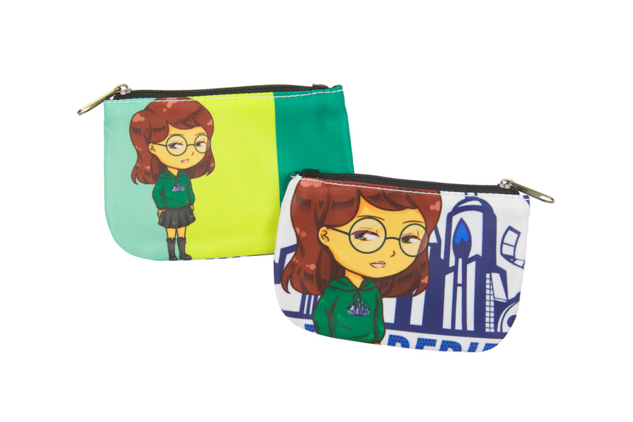 Compact coin purse with an original humorous retro cartoon-style printed design