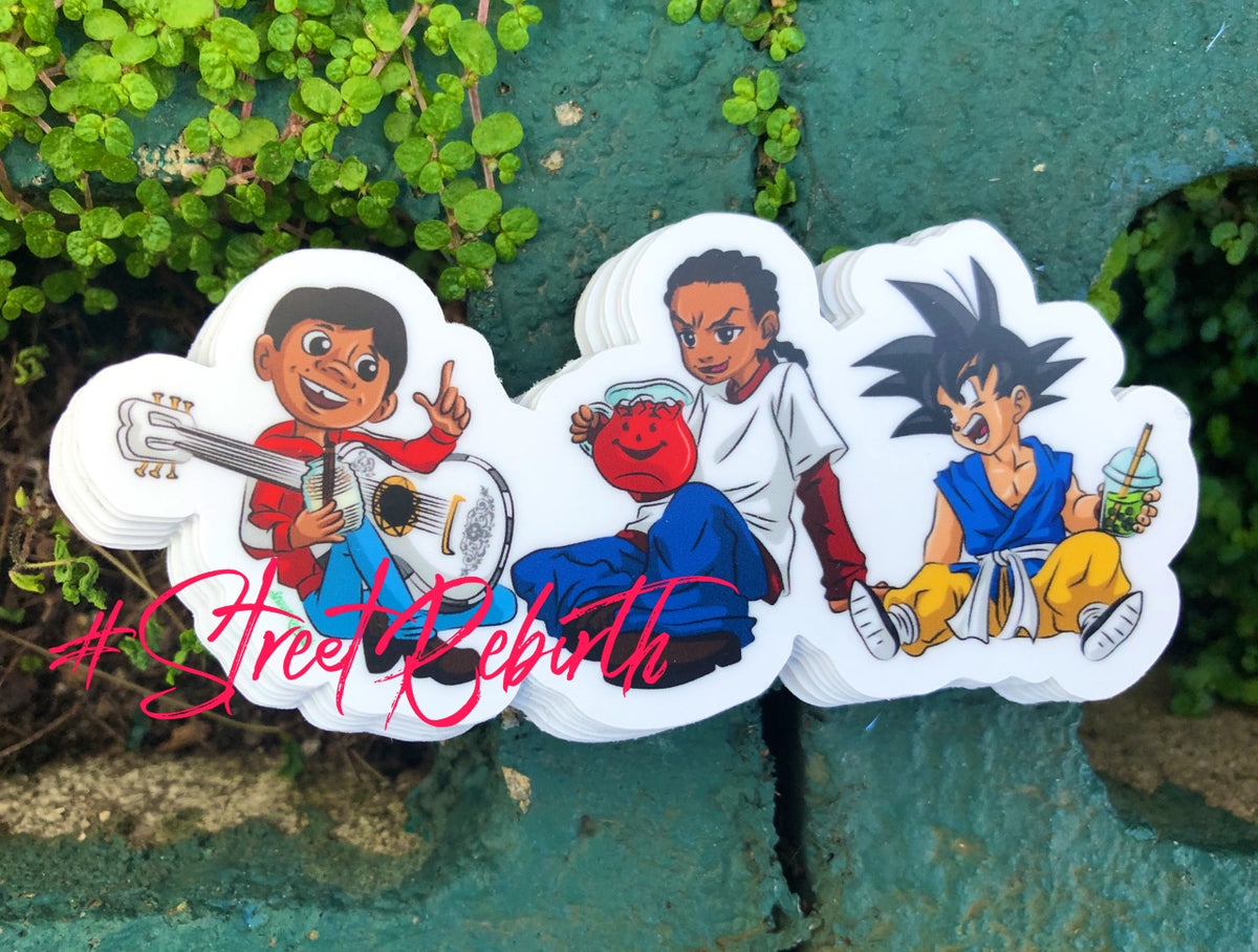 Riley, Goku, and Miguel Vinyl Sticker – A Cross-Cultural Cheers to Unity and Fun