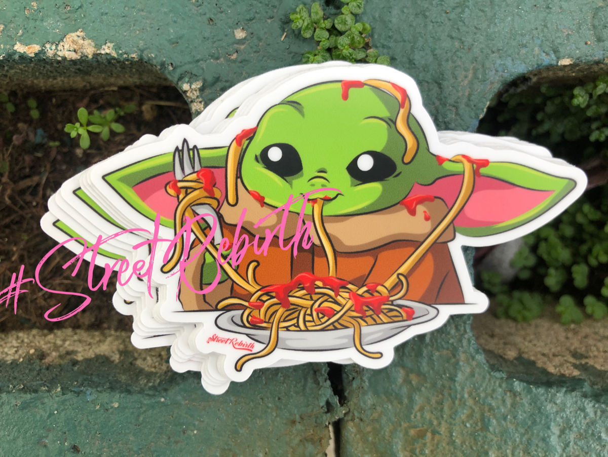 Baby Yoda Eating Spaghetti Vinyl Sticker – A Wholesome and Adorable Mashup