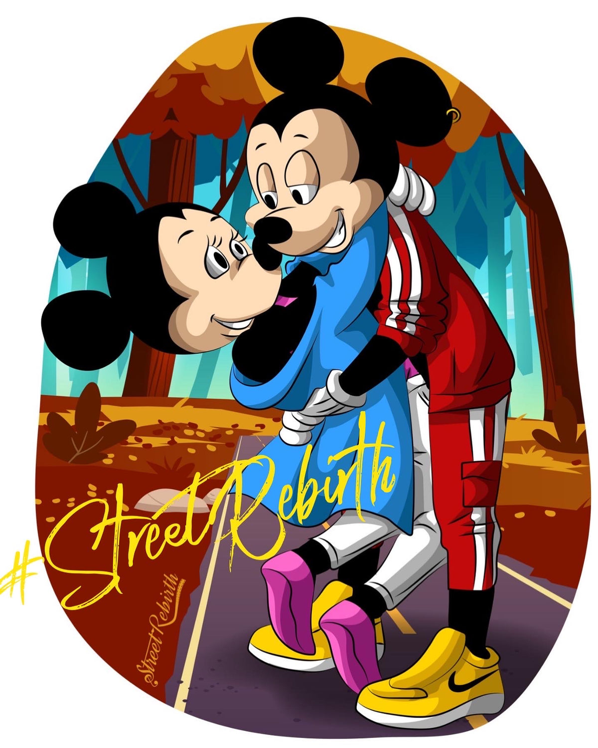 Urban Fall Hug – Vintage Mouse Couple in Love Vinyl Sticker (4-inch, Autumn Park Aesthetic, Glossy, Waterproof)