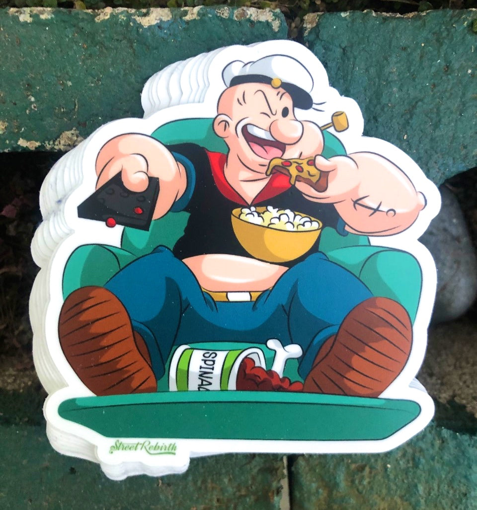 Popeye on the Couch Vinyl Sticker – Remote, Pizza, and Popcorn Time
