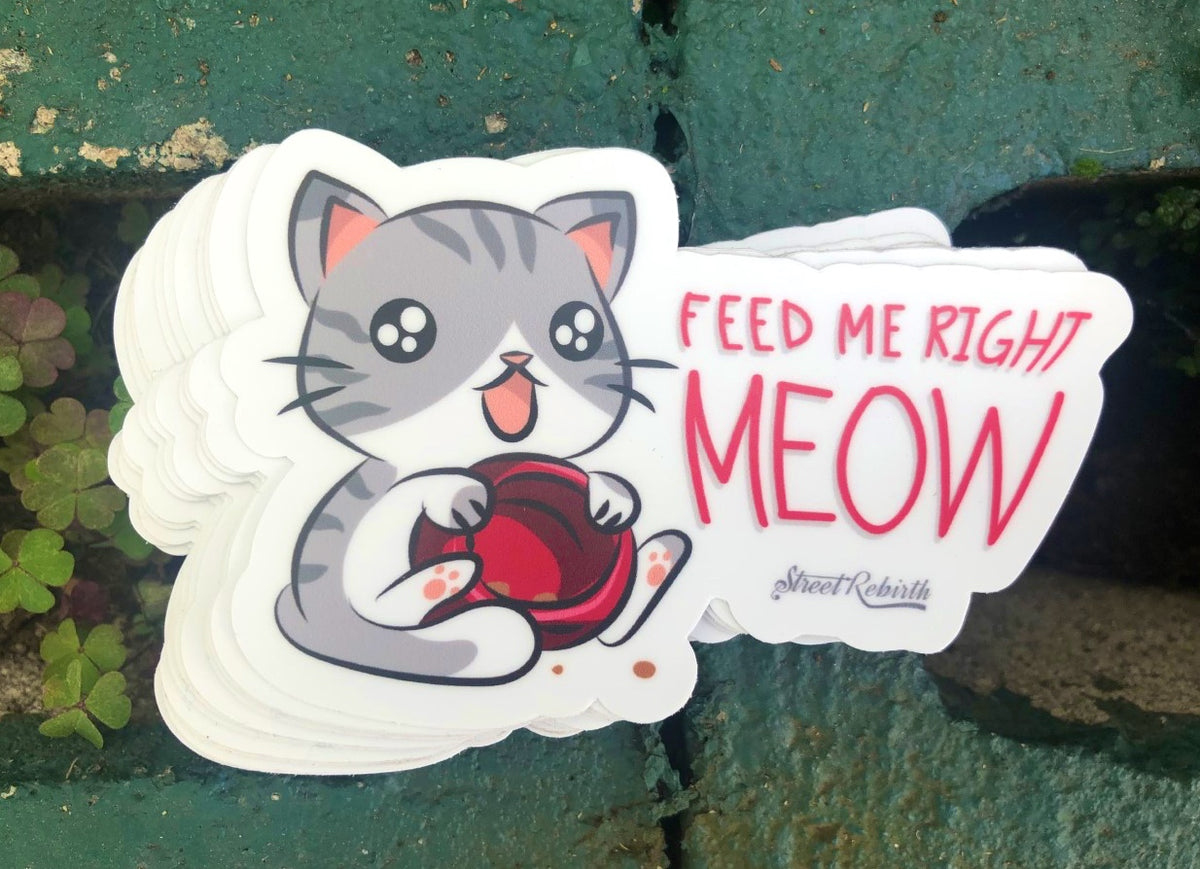Feed Me Right Meow Vinyl Sticker – A Purr-fectly Hilarious Cat Pun for Feline Lovers