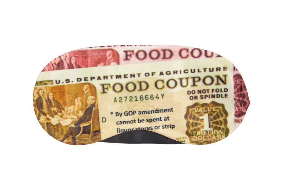 Reusable sleep eye mask with an original food-themed humorous retro printed design