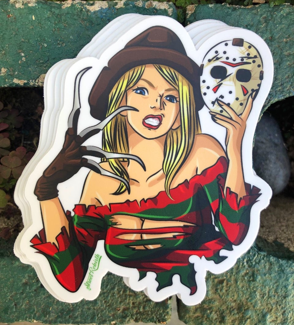 Pretty Blonde Freddy Krueger Vinyl Sticker – Holding a Jason Mask