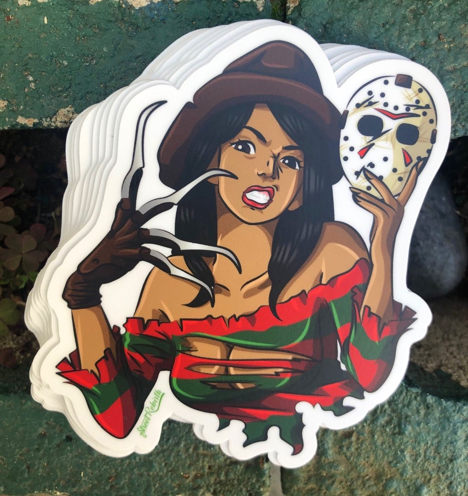 Pretty Black Chick Freddy Krueger Vinyl Sticker – Holding a Jason Mask