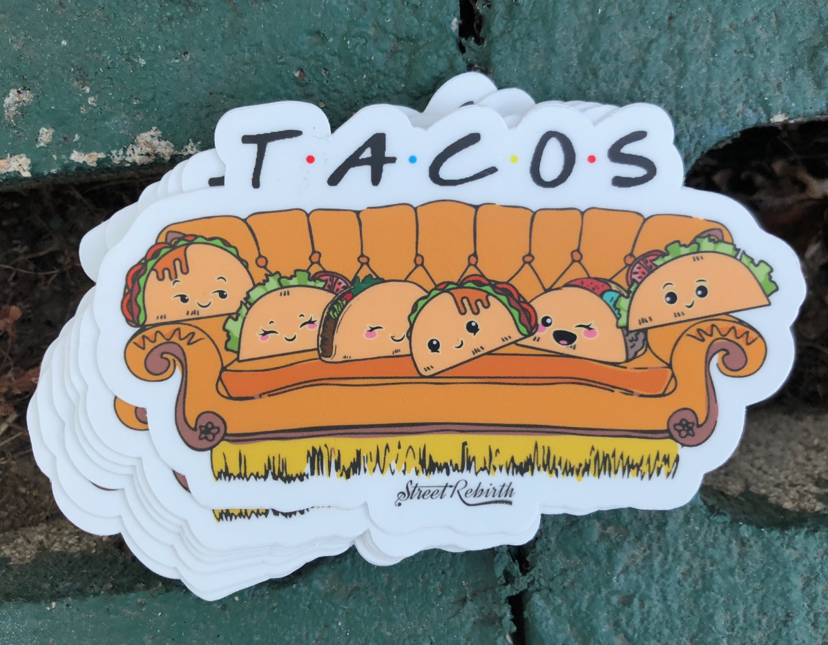 Tacos Couch 4-Inch Sticker – A Fiesta on the Famous Sofa – One 4 Inch Water Proof Vinyl Sticker – For Hydro Flask, Skateboard, Laptop, Planner, Car, Collecting, Gifting