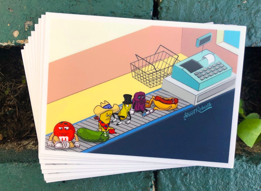 Waterproof vinyl sticker featuring an original food-themed humorous retro illustration
