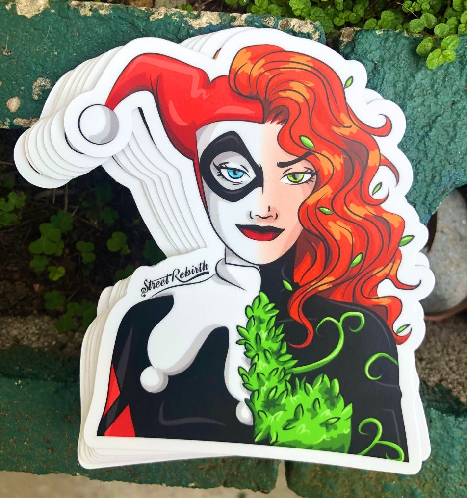 Half Harley Quinn, Half Poison Ivy Vinyl Sticker – A Bold Tribute to Gotham’s Femme Fatales