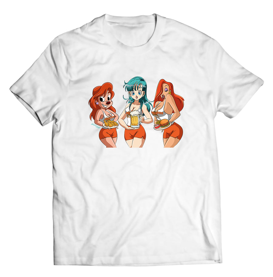 Unisex graphic T-shirt featuring an original hip hop romantic food-themed illustration