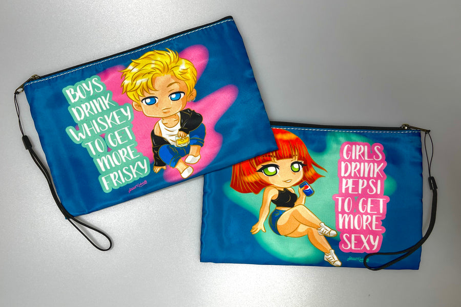 Compact clutch bag with an original humorous printed design