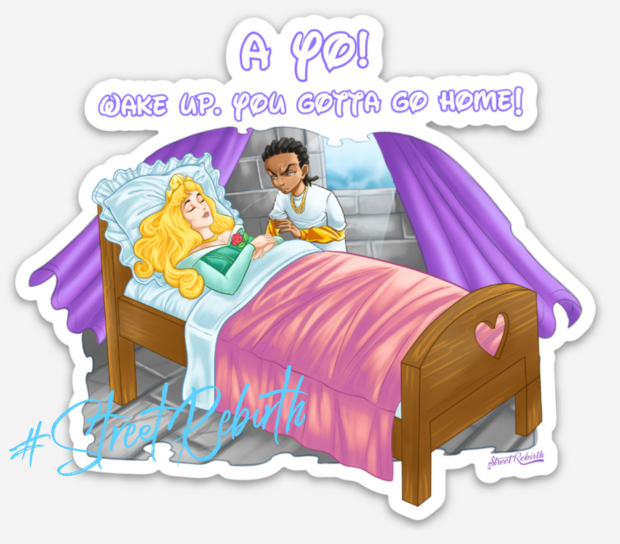 Waterproof vinyl sticker featuring an original humorous cartoon-style illustration