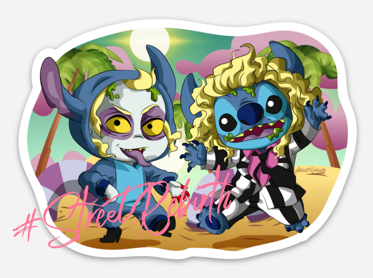 Stitch × Beetlejuice Mashup Sticker | Funny Crossover Vinyl Art | Horror-Meets-Cute Halloween Cartoon Sticker