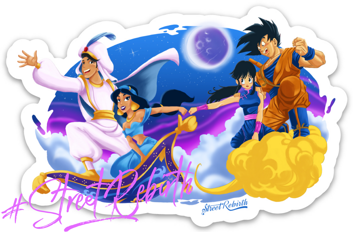 Sky Riders Double Date 4-Inch Sticker – Goku, Chi-Chi, Aladdin &amp; Jasmine Adventure – One 4 Inch Water Proof Vinyl Sticker – For Hydro Flask, Skateboard, Laptop, Planner, Car, Collecting, Gifting