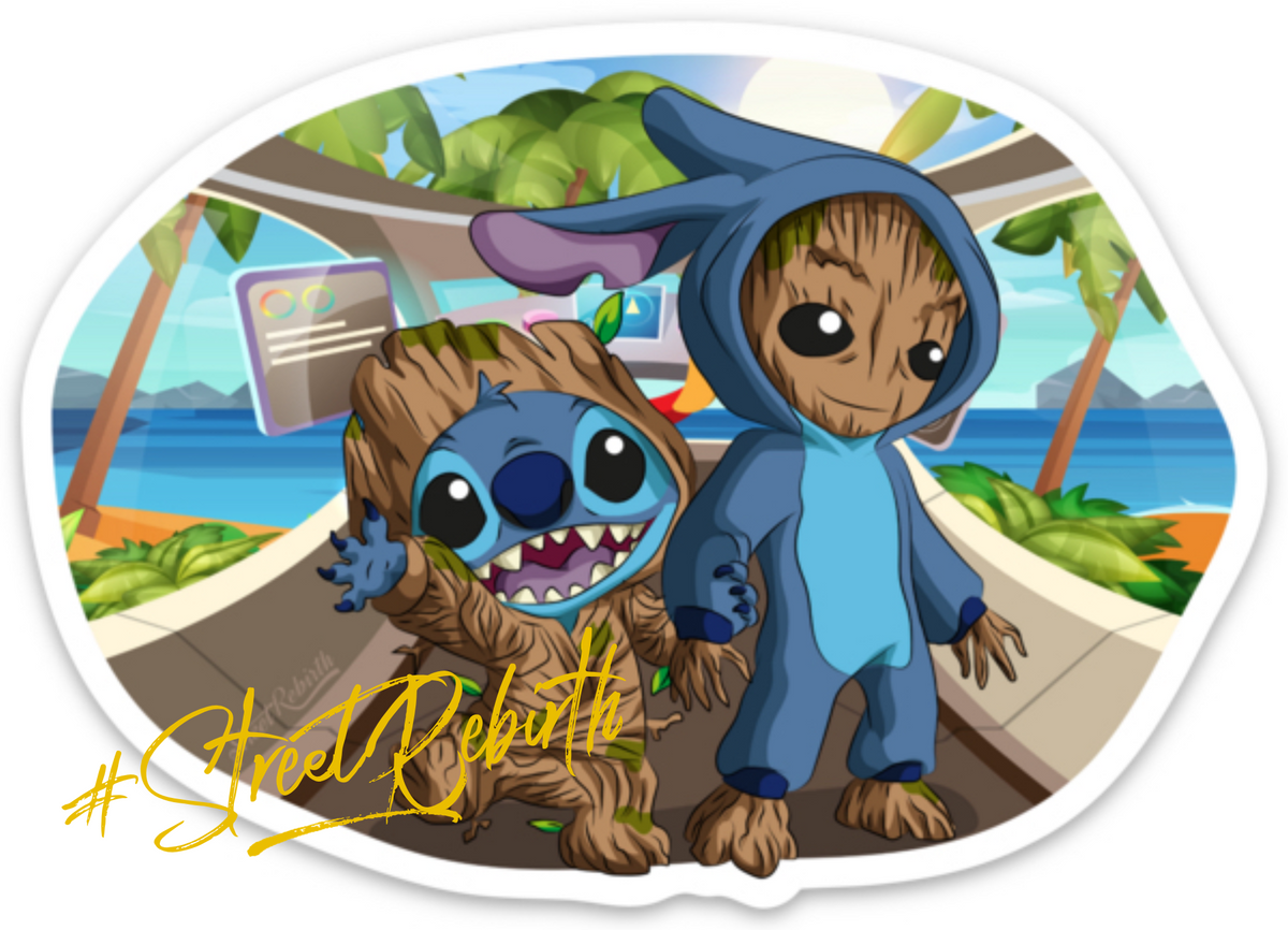 Cosmic Crossover Swap – Stitch &amp; Groot Clothing Switch Vinyl Sticker (4-inch, Weatherproof