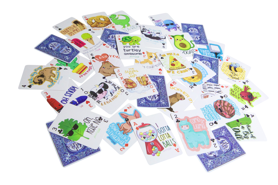 Compact playing card deck with original humorous illustrations