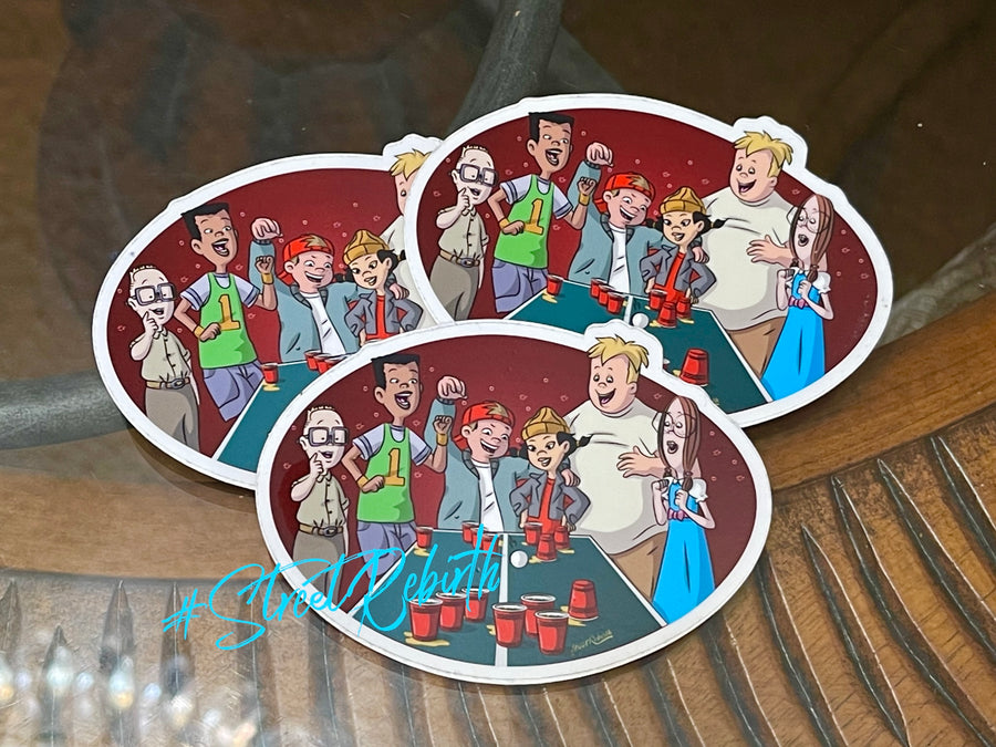 Waterproof vinyl sticker featuring an original humorous retro illustration