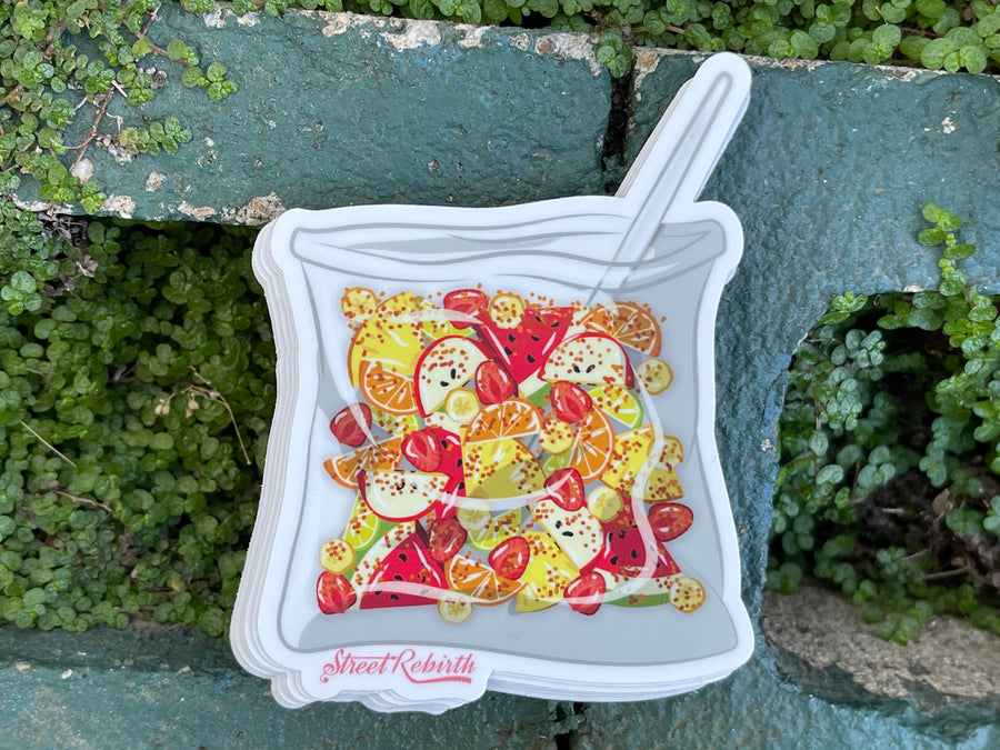Waterproof vinyl sticker featuring an original food-themed humorous illustration