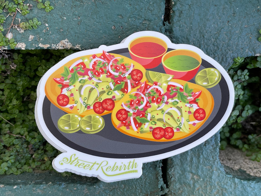 Waterproof vinyl sticker featuring an original food-themed humorous illustration