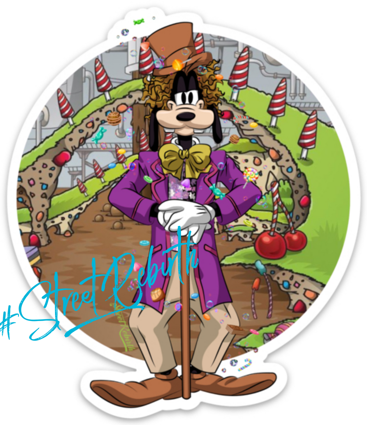 Goofy Wonka – Chocolate Factory Vinyl Sticker (4-inch, Glossy, Waterproof, Candyland Crossover Fan Art)