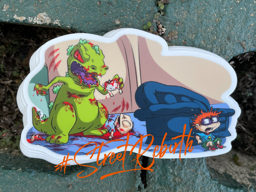 Waterproof vinyl sticker featuring an original spooky humorous retro illustration