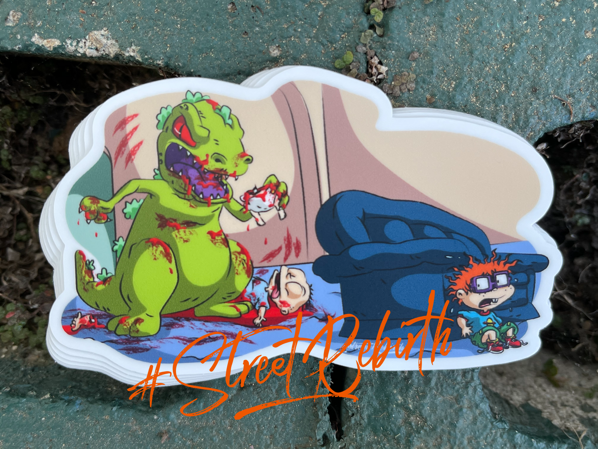 Reptar Eats Tommy Vinyl Sticker – A Darkly Humorous Twist on Nostalgia