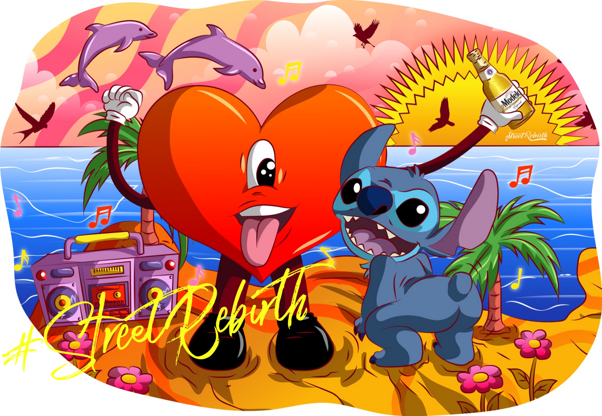 Twerk &amp; Tune Beach Party – Bad Bunny Heart &amp; Stitch Vinyl Sticker (4-inch, Glossy, Waterproof, Latin Pop Meets Island Vibes)
