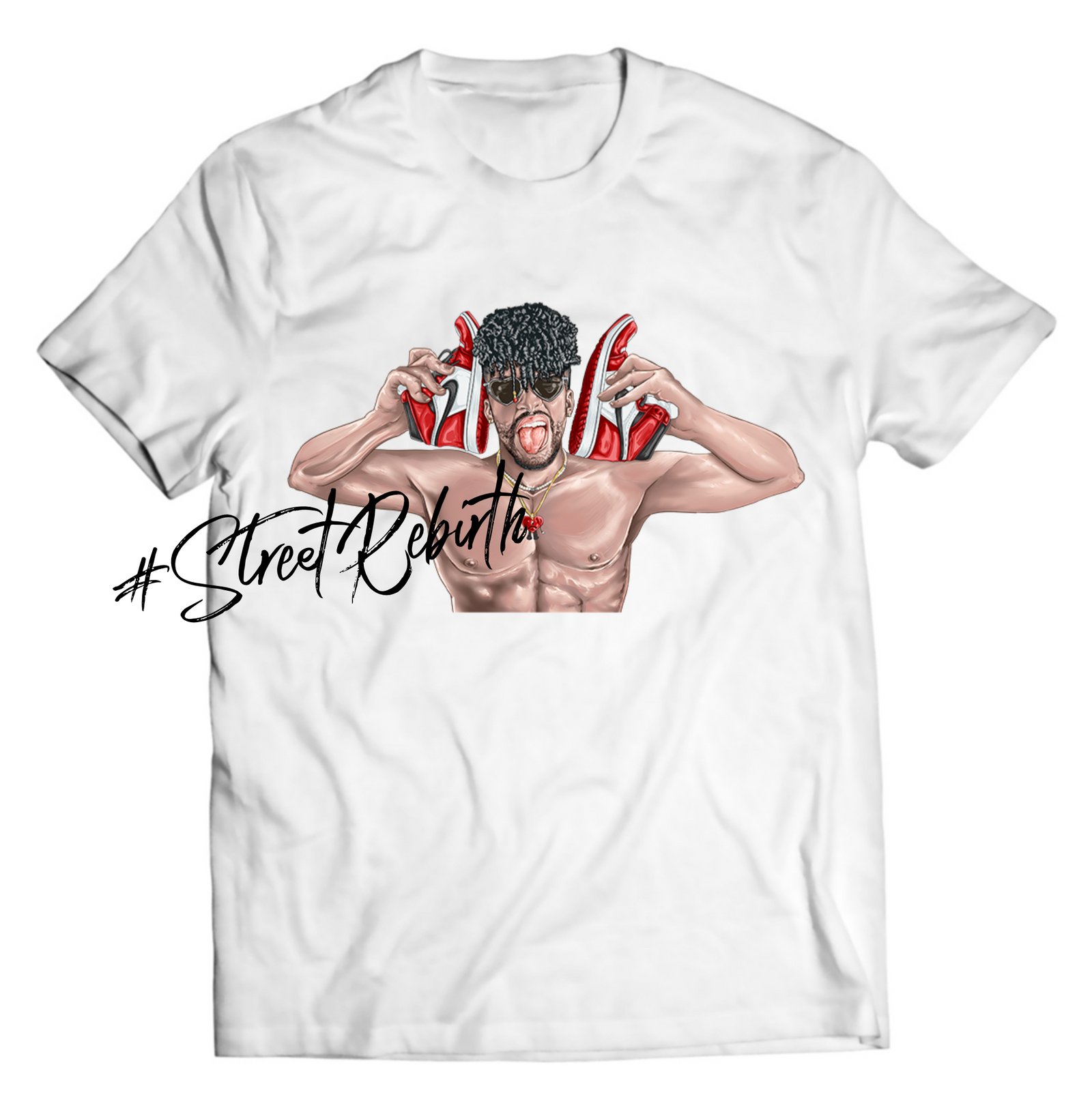 Sneaker Call – Bad Bunny Holding Jordan 1s to His Ears Shirt (Unisex Graphic Tee, Latin Trap x Sneaker Culture)