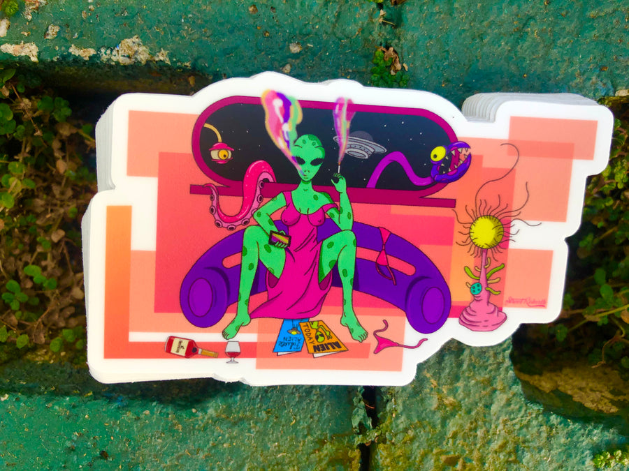 Waterproof vinyl sticker featuring an original humorous illustration