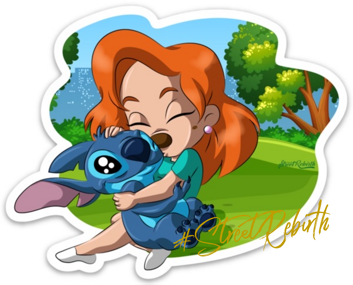 Chibi Roxanne and Stitch Hug Vinyl Sticker – A Heartwarming Blend of Cute and Playful Vibes