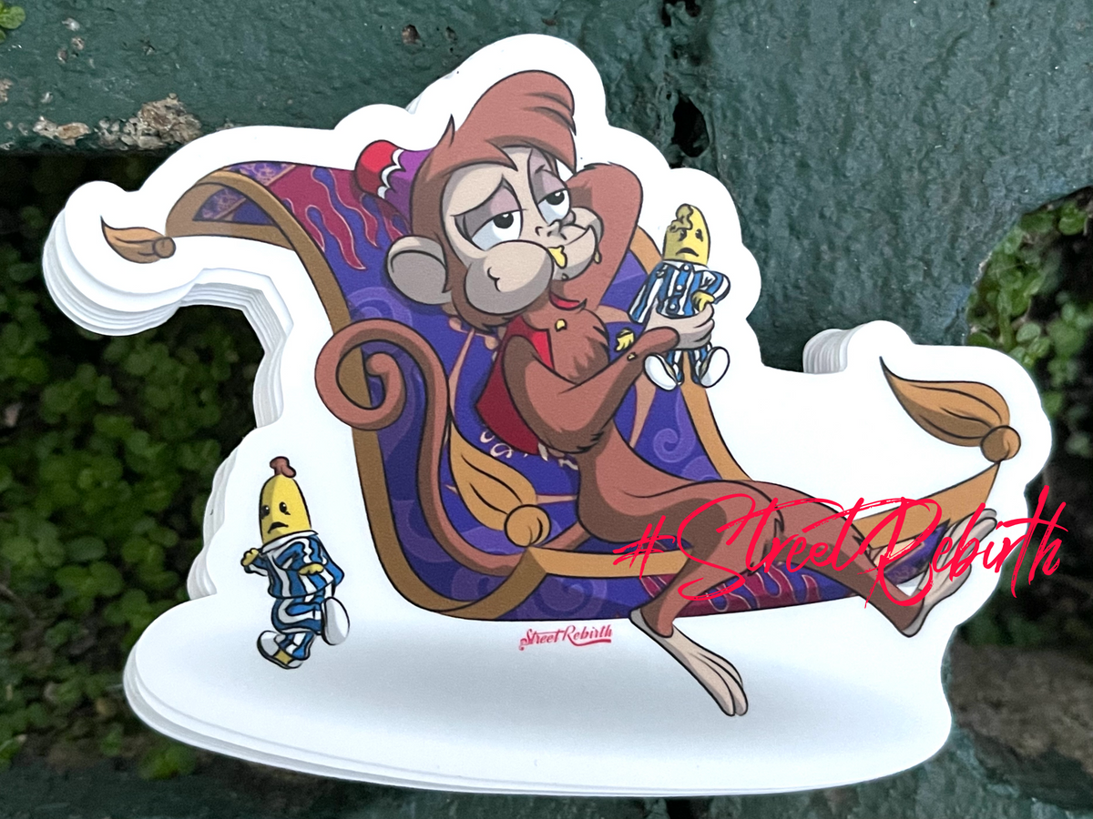 Abu and Bananas in Pajamas Vinyl Sticker – A Playful and Hilarious Mashup of Nostalgia