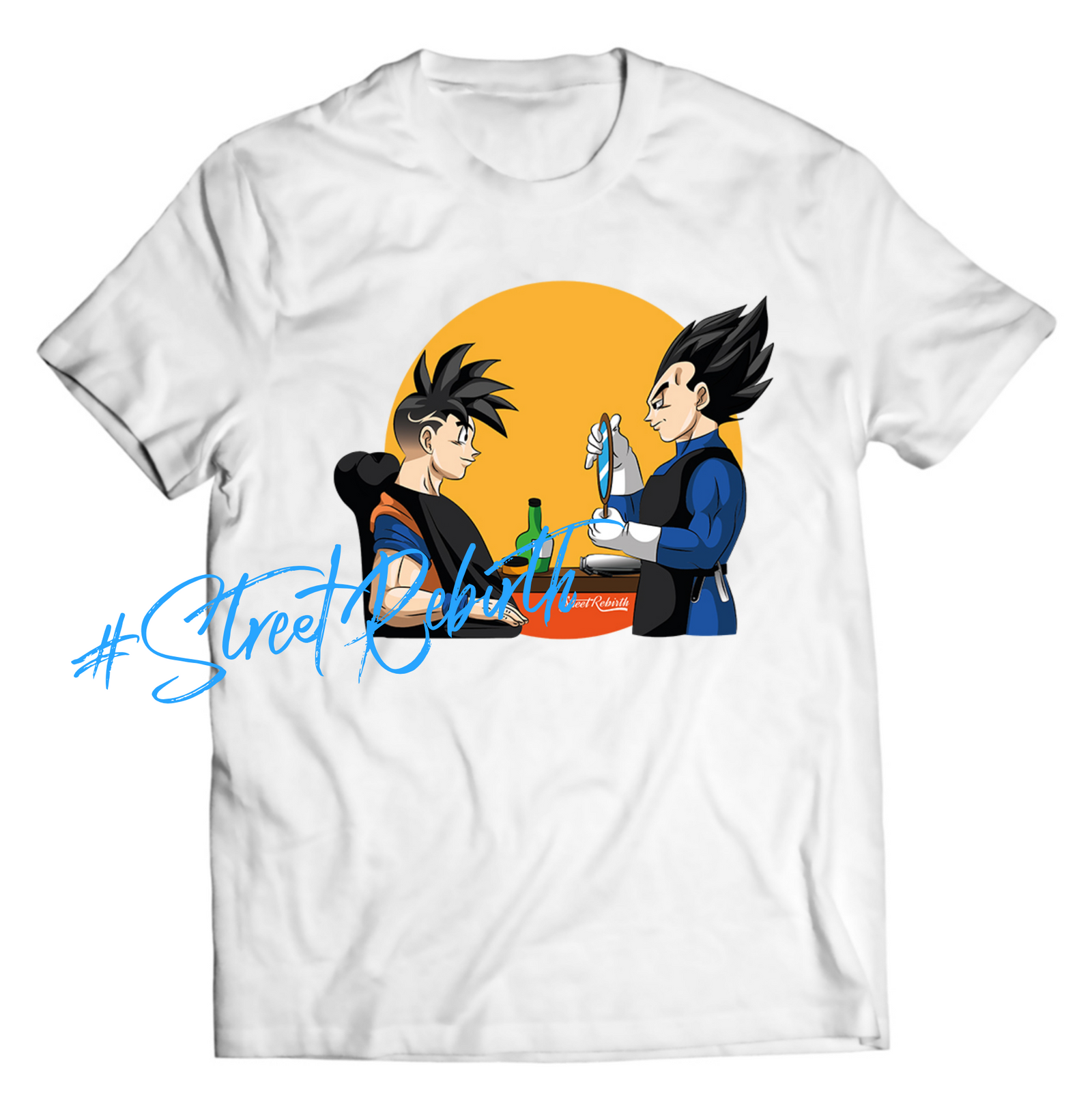 Fresh Saiyan Fade – Goku Gets a Haircut from Vegeta Shirt (Unisex Graphic Tee, Anime x Barbershop Culture Mashup)
