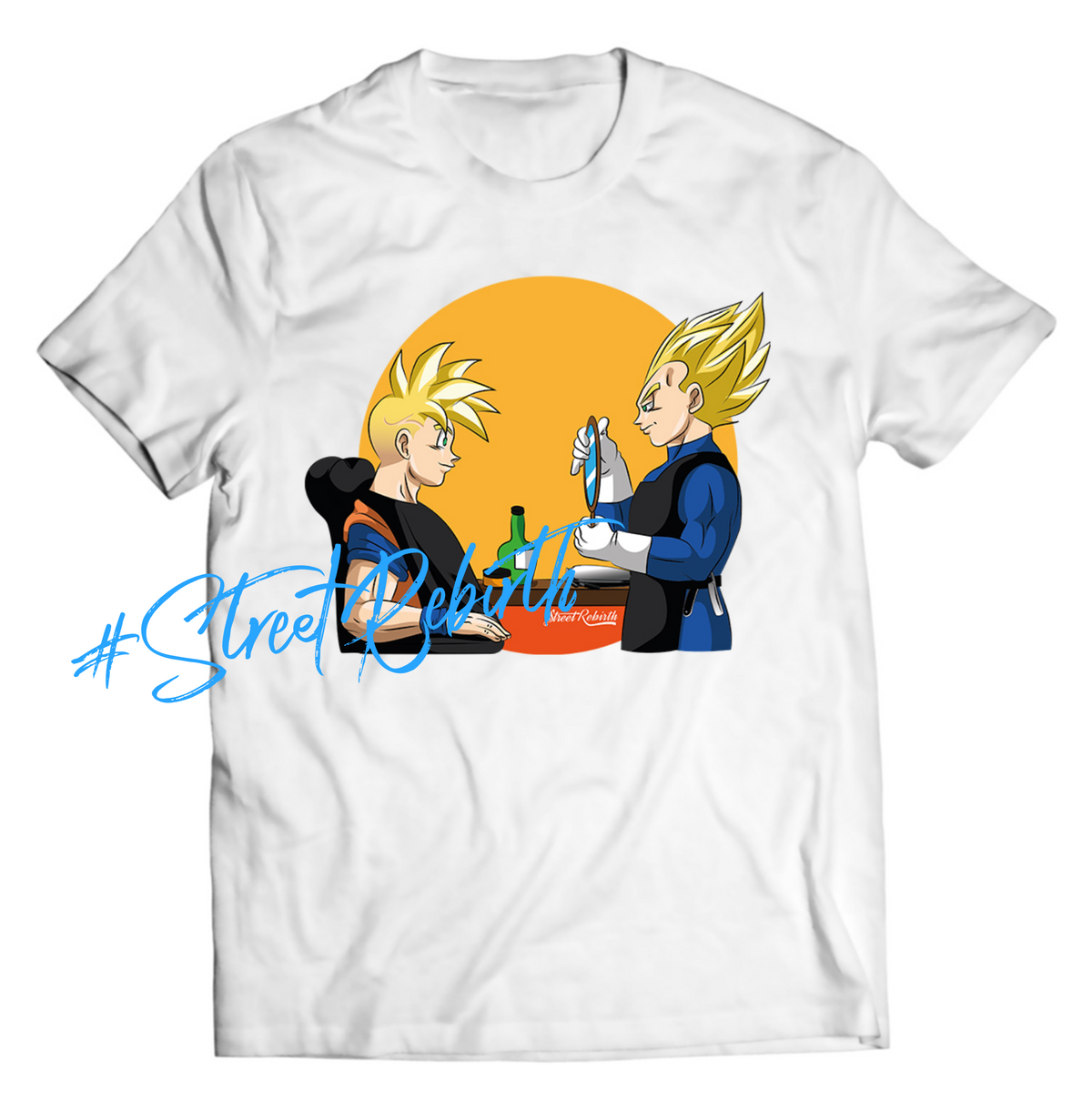 Fresh Saiyan Fade – Goku Gets a Haircut from Vegeta Shirt (Unisex Graphic Tee, Anime x Barbershop Culture Mashup)