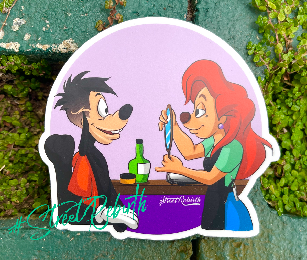 Roxanne Giving Max a Bald Fade Vinyl Sticker – Playful Disney-Inspired Design