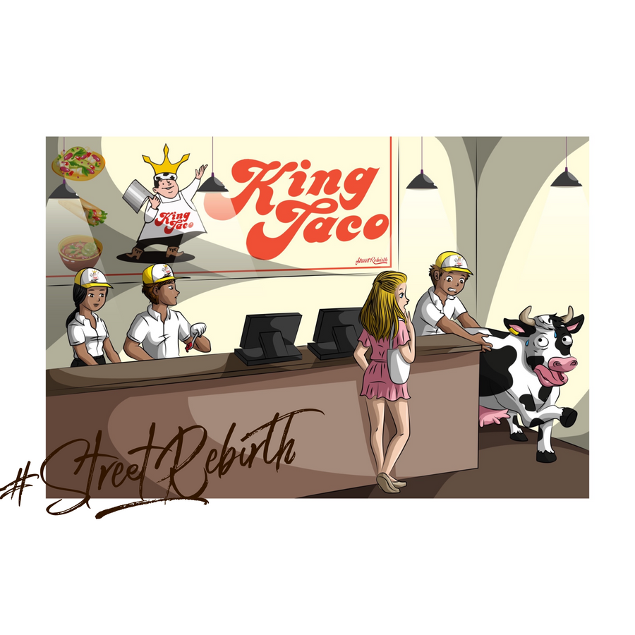 Waterproof vinyl sticker featuring an original food-themed humorous illustration