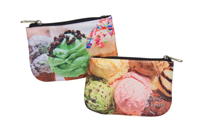 Compact coin purse with an original food-themed humorous printed design