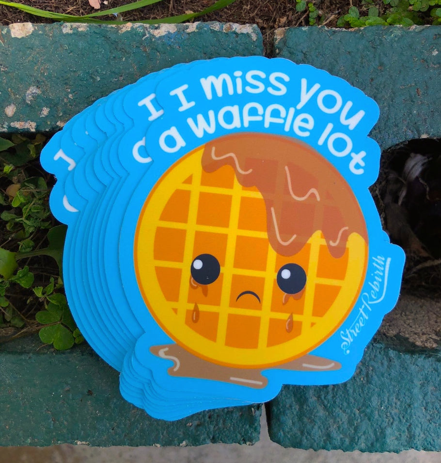 1 I miss you a waffle lot  Sticker – One 4 Inch Water Proof Vinyl Sticker – For Hydro Flask, Skateboard, Laptop, Planner, Car, Collecting, Gifting