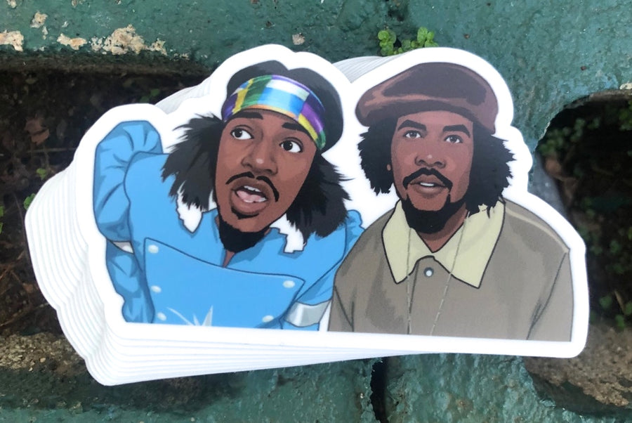 Southern rap duo performing, a 90s hip hop tribute sticker in bold flat color art