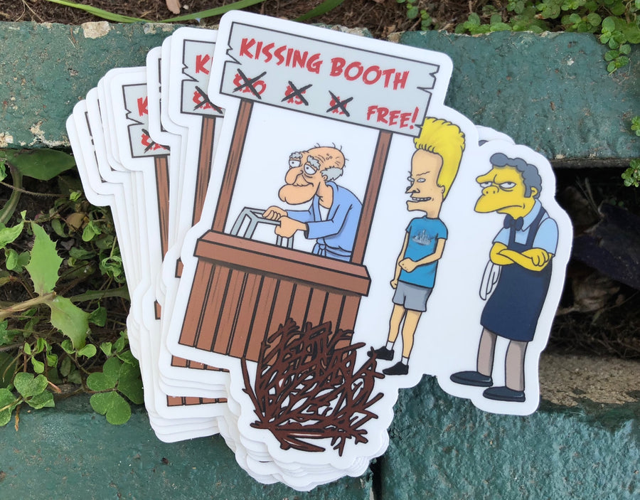 Cartoon kissing booth mashup sticker with three animated misfit characters behind the booth