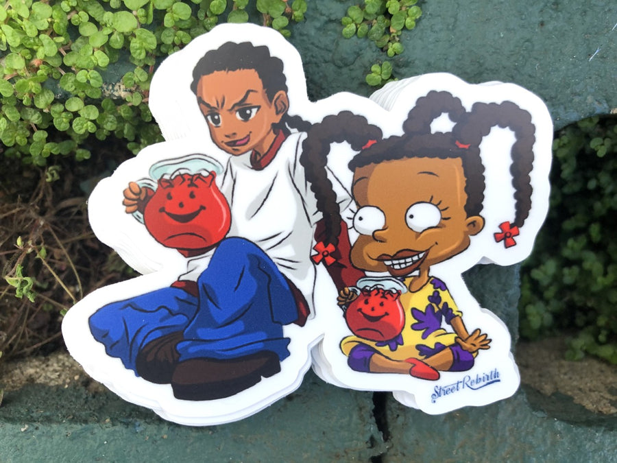 90s nostalgia sticker with cartoon kids and a large smiling red fruit punch pitcher