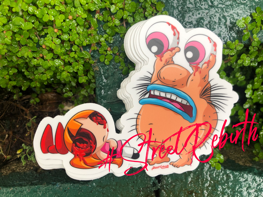 Horror comedy cartoon fatality mashup sticker with a 90s monster character and a cartoon hero