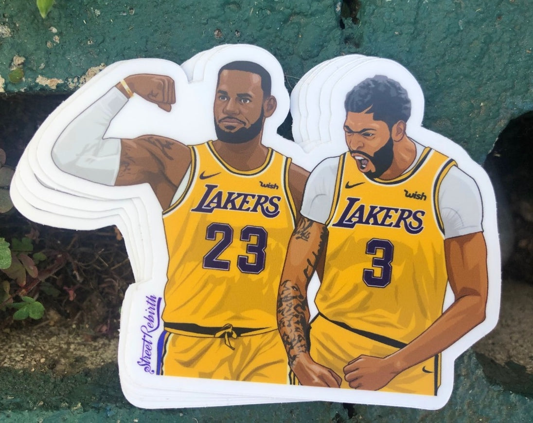 LeBron &amp; AD Sticker – Lakers Duo Flexing on the Court – Basketball Fan Art Vinyl Decal, Waterproof Collectible for Laptop, Hydro Flask, Car, Journal