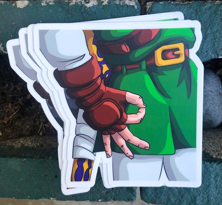 Got Em sneakerhead meme sticker with a retro gaming hero holding a sneaker
