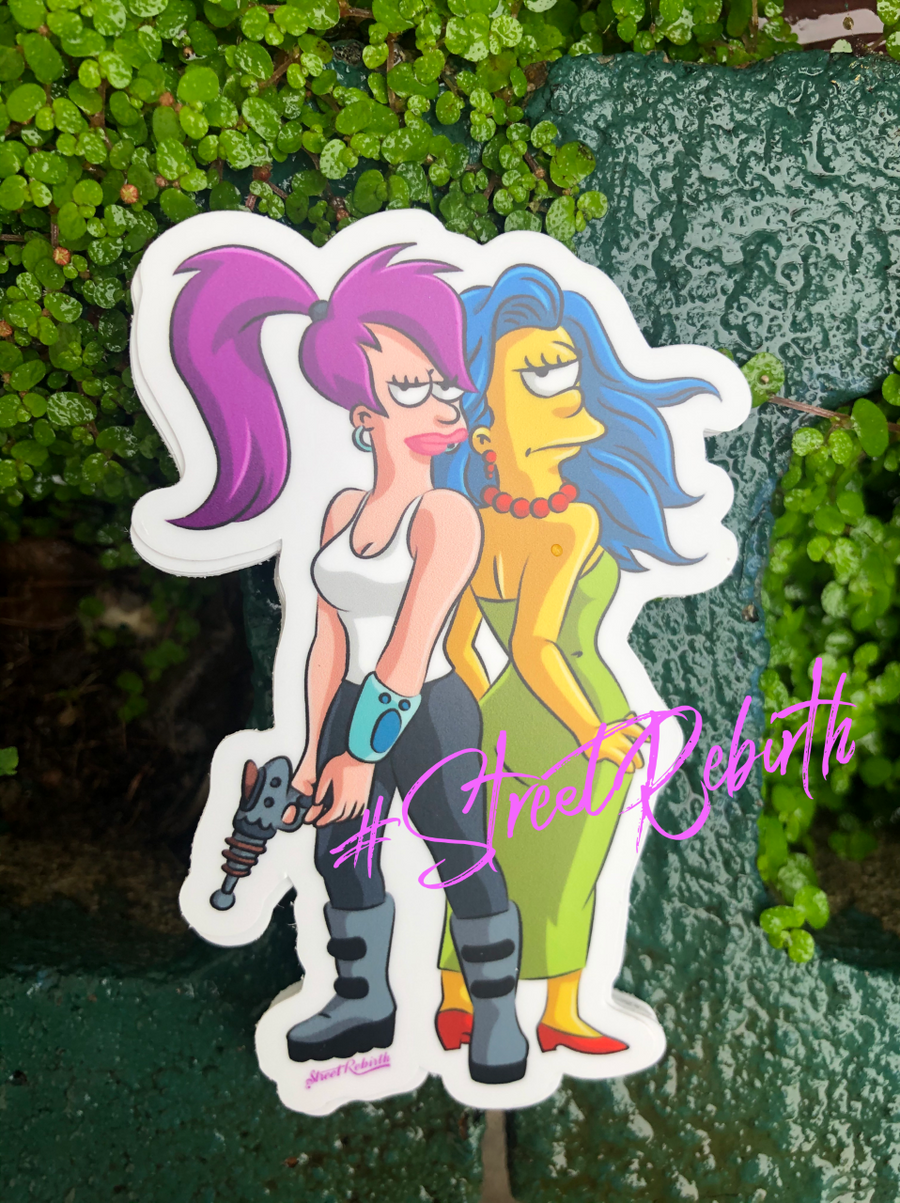 Cartoon mashup sticker of two animated women arm in arm with their eyes swapped