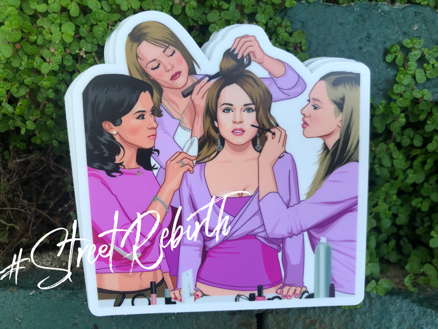 Early 2000s teen comedy clique movie sticker in bold flat color art