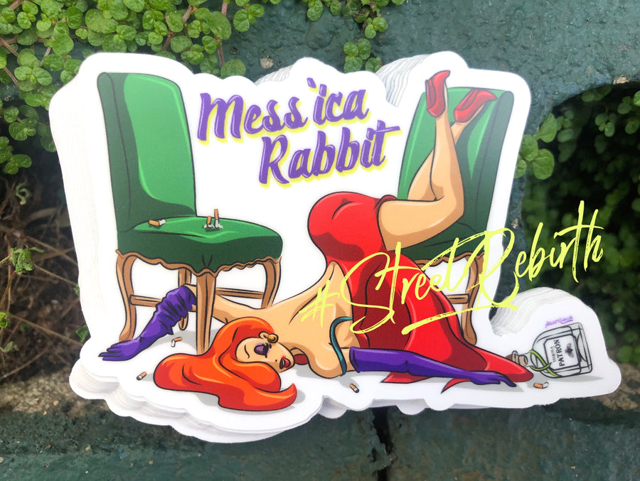Messica Rabbit parody sticker of a red dress cartoon character sprawled after a rough night