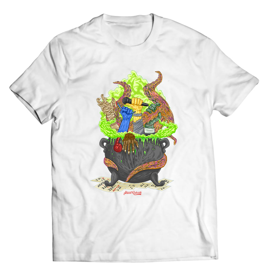 Unisex graphic T-shirt featuring an original spooky humorous illustration