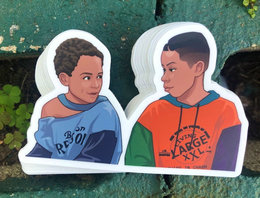 90s kids show sibling comedy duo throwback sticker in bold flat color art